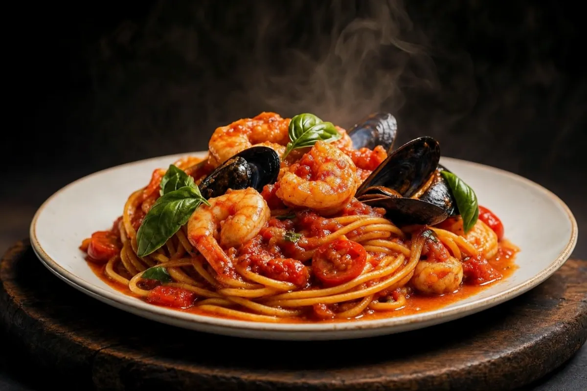 Spaghetti with shrimp, mussels, cherry tomatoes and basil in tomato sauce